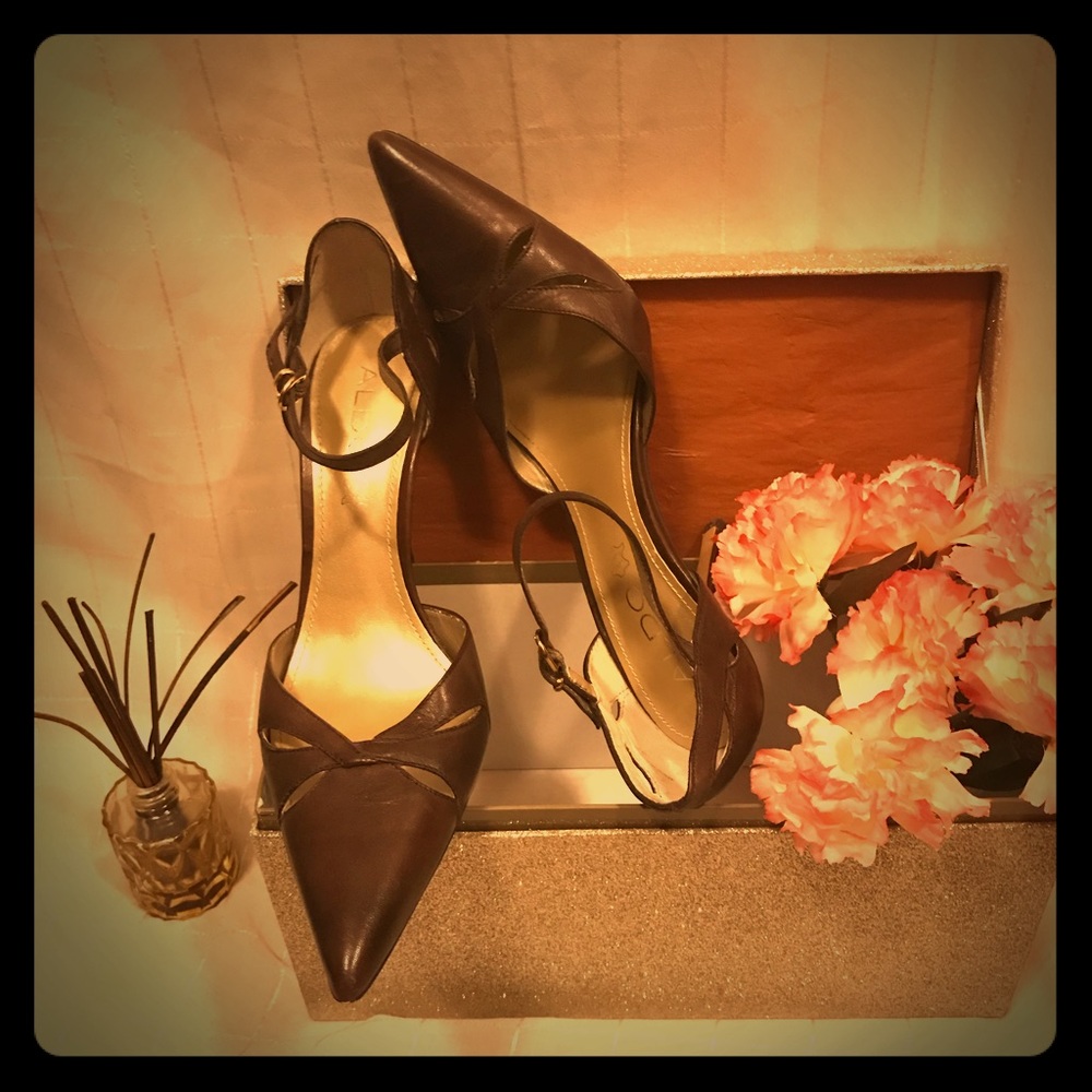 ALDO Brown Pointed Toe Heels w/  Ankle Strap